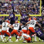 
              Cleveland Browns place kicker Cade York (3) has his field goal attempt blocked by Baltimore Ravens linebacker Malik Harrison (40) in the second half of an NFL football game, Sunday, Oct. 23, 2022, in Baltimore. (AP Photo/Julio Cortez)
            