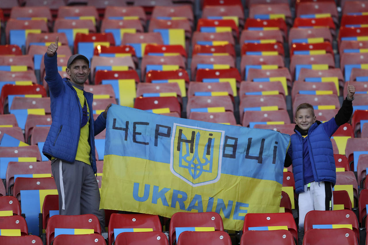 Ukrainian fans cheer prior to the star of the UEFA Nations League soccer match between Scotland and...