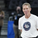 
              FILE - Gonzaga head coach Mark Few watches his team during practice Wednesday, March 23, 2022, in San Francisco.  Gonzaga, the preseason No. 1 the previous two years, is No. 2 in the preseason AP Top 25 men's basketball poll released Monday, Oct. 17, 2022. (AP Photo/Marcio Jose Sanchez, File)
            