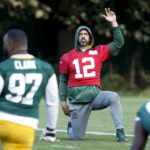 
              Green Bay Packers quarterback Aaron Rodgers trains at The Grove in Chandler's Cross, England, Friday, Oct. 7, 2022 ahead the NFL game against New York Giants at the Tottenham Hotspur stadium on Sunday. (AP Photo/David Cliff)
            