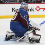 
              Colorado Avalanche goaltender Alexandar George watches play against the Chicago Blackhawks during the second period of an NHL hockey game Wednesday, Oct. 12, 2022, in Denver. (AP Photo/Jack Dempsey)
            