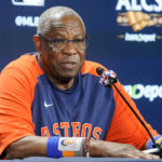 
              Houston Astros manager Dusty Baker Jr. answers questions during a news conference before Game 4 of an American League Championship baseball series between the New York Yankees and the Houston Astros, Sunday, Oct. 23, 2022, in New York. (AP Photo/John Minchillo)
            