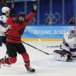 
              FILE - Canada's Sarah Nurse (20) celebrates a goal during the women's gold medal hockey game United States at the 2022 Winter Olympics, Thursday, Feb. 17, 2022, in Beijing. Sarah Nurse doesn’t need a report card to identify how hockey needs to diversify. (AP Photo/Petr David Josek, File)
            