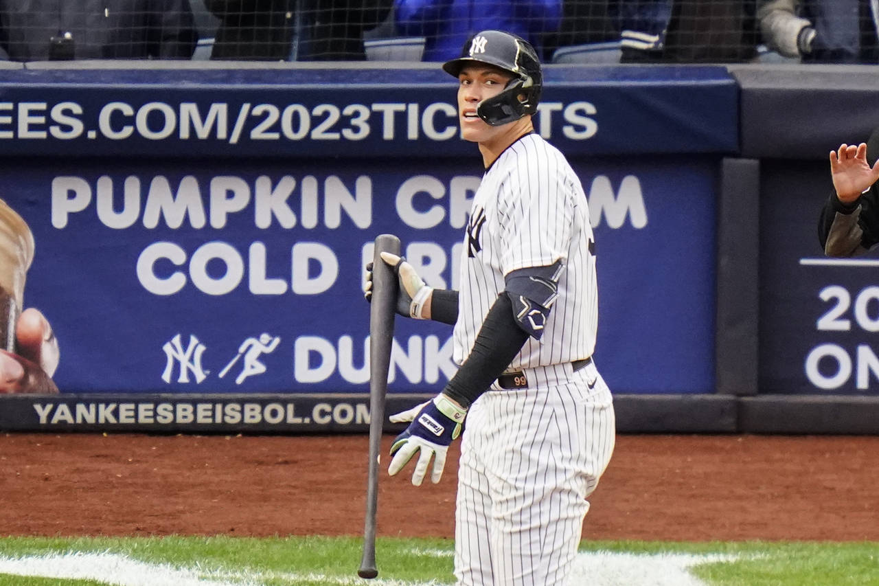 New York Yankees' Aaron Judge reacts after striking out during the seventh inning of a baseball gam...