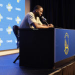 
              Golden State Warriors' Draymond Green speaks during an NBA basketball news conference Saturday, Oct. 8, 2022, at Chase Center in San Francisco, Calif.. Green made a statement and took questions from members of the news media after an incident where Green punched teammate Jordan Poole during practice. (Santiago Mejia/San Francisco Chronicle via AP)
            
