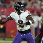 
              Baltimore Ravens quarterback Lamar Jackson throws during the first half of an NFL football game against the Tampa Bay Buccaneers Thursday, Oct. 27, 2022, in Tampa, Fla. (AP Photo/Chris O'Meara)
            