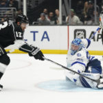 
              Los Angeles Kings center Gabriel Vilardi (13) misses a shot against Tampa Bay Lightning goaltender Andrei Vasilevskiy (88) during the second period of an NHL hockey game Tuesday, Oct. 25, 2022, in Los Angeles. (AP Photo/Ashley Landis)
            