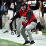 
              Atlanta Falcons head coach Arthur Smith reacts after the final play of regulation during the second half of an NFL football game against the Carolina Panthers Sunday, Oct. 30, 2022, in Atlanta. (AP Photo/John Bazemore)
            