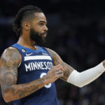
              Minnesota Timberwolves guard D'Angelo Russell (0) signals a thumbs up during the first half of an NBA basketball game against the San Antonio Spurs, Wednesday, Oct. 26, 2022, in Minneapolis. (AP Photo/Abbie Parr)
            