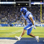 
              Kentucky running back Chris Rodriguez Jr. celebrates scoring a touchdown against Mississippi State during the second half of an NCAA college football game in Lexington, Ky., Saturday, Oct. 15, 2022. (AP Photo/Michael Clubb)
            