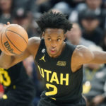 
              Utah Jazz guard Collin Sexton (2) brings the ball upcourt during the first half of an NBA basketball game against the Memphis Grizzlies, Monday, Oct. 31, 2022, in Salt Lake City. (AP Photo/Rick Bowmer)
            