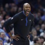 
              Orlando Magic head coach Jamahl Mosley yells during the first half of a NBA basketball game against the Cleveland Cavaliers, Wednesday, Oct. 26, 2022, in Cleveland. (AP Photo/Ron Schwane)
            