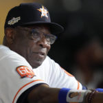 
              Houston Astros manager Dusty Baker Jr. watches introductions ahead of Game 1 of baseball's American League Championship Series between the Houston Astros and the New York Yankees, Wednesday, Oct. 19, 2022, in Houston. (AP Photo/Eric Gay)
            