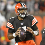 
              Cleveland Browns quarterback Jacoby Brissett (7) looks to pass during the first half of an NFL football game against the Cincinnati Bengals in Cleveland, Monday, Oct. 31, 2022. (AP Photo/David Richard)
            