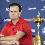 
              United States Captain Zach Johnson attends a press conference on the occasion of The Year to Go event in Rome, Tuesday, Oct. 4, 2022. The Marco Simone course of Guidonia Montecelio, near Rome, will host the 2023 Ryder Cup. (AP Photo/Alessandra Tarantino)
            