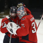 
              Washington Capitals left wing Marcus Johansson (90) and goaltender Darcy Kuemper (35) celebrate after an NHL hockey game against the Los Angeles Kings, Saturday, Oct. 22, 2022, in Washington. (AP Photo/Nick Wass)
            