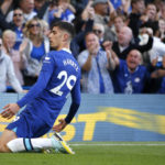 
              Chelsea's Kai Havertz celebrates after scoring his side's opening goal during the English Premier League soccer match between Chelsea and Wolverhampton Wanderers at the Stamford Bridge Stadium in London, Saturday, Oct. 8, 2022. (AP Photo/David Cliff)
            