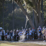 
              Rory McIlroy, center, of Northern Ireland, hits out of the rough on the 17th fairway during the third round of the CJ Cup golf tournament Saturday, Oct. 22, 2022, in Ridgeland, S.C. (AP Photo/Stephen B. Morton)
            