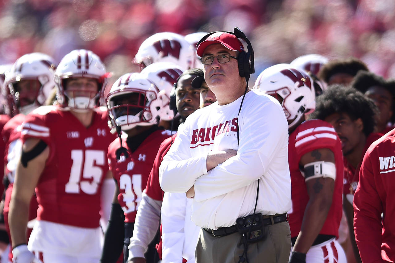 Wisconsin head coach Paul Chryst looks on during the first half of an NCAA college football game ag...