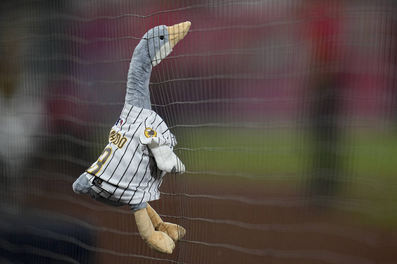 A stuffed toy goose is hanging on the net during the ninth inning in Game 1 of the baseball NL Cham...