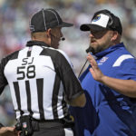 
              New York Giants head coach Brian Daboll talks to side judge Don Willard during the first half of an NFL football game against the Jacksonville Jaguars Sunday, Oct. 23, 2022, in Jacksonville, Fla. (AP Photo/Phelan M. Ebenhack)
            