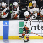 
              Anaheim Ducks right wing Frank Vatrano (77) is congratulated after his goal during the second period of the team's NHL hockey game against the Boston Bruins, Thursday, Oct. 20, 2022, in Boston. (AP Photo//Steven Senne)
            