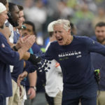 
              Seattle Seahawks head coach Pete Carroll celebrates at the end of an NFL football game against the Los Angeles Chargers Sunday, Oct. 23, 2022, in Inglewood, Calif. The Seahawks won 37-23. (AP Photo/Mark J. Terrill)
            