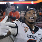 
              Oregon State wide receiver Tre'Shaun Harrison (0) celebrates after scoring a 56-yard receiving touchdown against Stanford during the second half of an NCAA college football game in Stanford, Calif., Saturday, Oct. 8, 2022. Oregon State won 28-27. (AP Photo/Godofredo A. Vásquez)
            