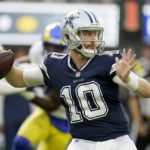 
              Dallas Cowboys quarterback Cooper Rush (10) throws a pass in the second half of an NFL football game against the Los Angeles Rams, Sunday, Oct. 9, 2022, in Inglewood, Calif. (AP Photo/Marcio Jose Sanchez)
            