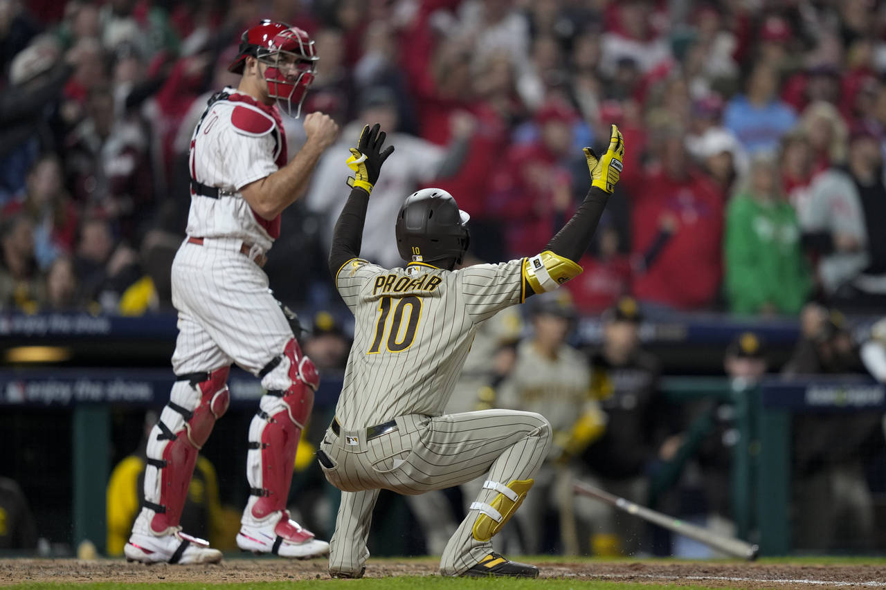 San Diego Padres' Jurickson Profar reacts after striking out during the ninth inning in Game 3 of t...