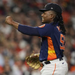 
              Houston Astros starting pitcher Framber Valdez reacts to call during the first inning in Game 2 of baseball's World Series between the Houston Astros and the Philadelphia Phillies on Saturday, Oct. 29, 2022, in Houston. (AP Photo/David J. Phillip)
            