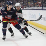 
              Columbus Blue Jackets' Jake Bean, left, and Arizona Coyotes' Matias Maccelli chase a loose puck during the third period of an NHL hockey game Tuesday, Oct. 25, 2022, in Columbus, Ohio. (AP Photo/Jay LaPrete)
            