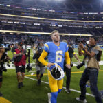 
              Los Angeles Chargers place kicker Dustin Hopkins (6) leaves the field after an NFL football game, Monday, Oct. 17, 2022, in Inglewood, Calif. The Chargers defeated the Broncos 19-16 in overtime. (AP Photo/Marcio Jose Sanchez)
            