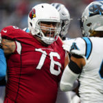 
              Arizona Cardinals guard Will Hernandez reacts during the second half of an NFL football game against the Carolina Panthers on Sunday, Oct. 2, 2022, in Charlotte, N.C. Hernandez was disqualify left the game. (AP Photo/Jacob Kupferman)
            