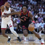 
              Toronto Raptors forward OG Anunoby (3) drives to the basket past Miami Heat forward Haywood Highsmith during the first half of an NBA basketball game, Monday, Oct. 24, 2022, in Miami. (AP Photo/Wilfredo Lee)
            