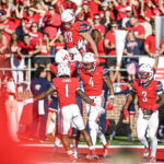 
              Liberty celebrates a touchdown against BYU during an NCAA college football game, Saturday, Oct. 22, 2022, in Lynchburg, Va. (Paige Dingler/The News & Advance via AP)
            