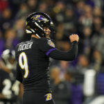 
              Baltimore Ravens' Justin Tucker celebrates kicking a field goal during the second half of an NFL football game against the Cincinnati Bengals, Sunday, Oct. 9, 2022, in Baltimore. (AP Photo/Julio Cortez)
            