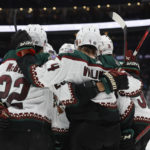 
              Arizona Coyotes players celebrate their goal against the Columbus Blue Jackets during the third period of an NHL hockey game Tuesday, Oct. 25, 2022, in Columbus, Ohio. (AP Photo/Jay LaPrete)
            