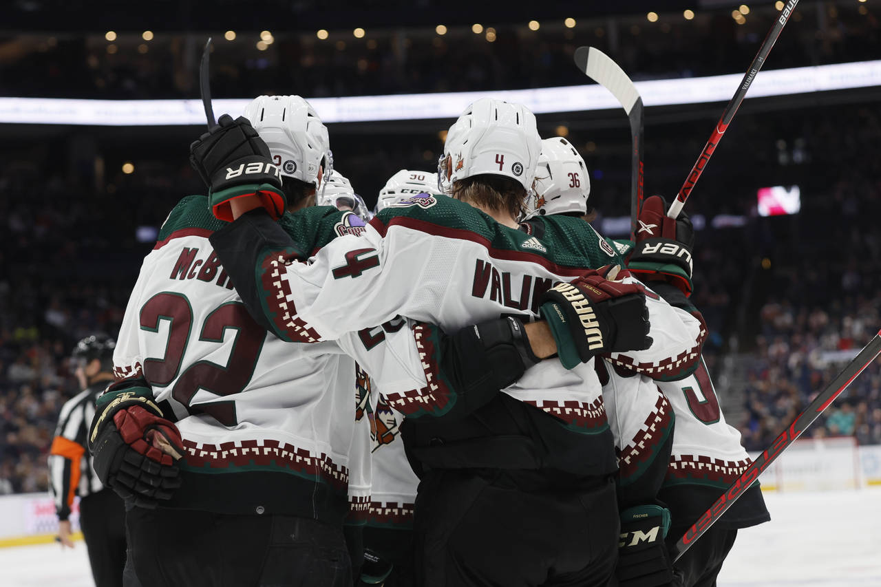 Arizona Coyotes players celebrate their goal against the Columbus Blue Jackets during the third per...