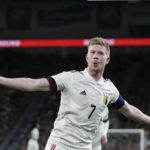 
              FILE - Belgium's Kevin De Bruyne celebrates after scoring his side's opening goal during the World Cup 2022 group E qualifying soccer match between Wales and Belgium at Cardiff City stadium in Cardiff, Wales, Tuesday, Nov. 16, 2021. (AP Photo/Frank Augstein, File)
            
