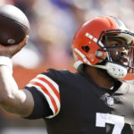 
              Cleveland Browns quarterback Jacoby Brissett passes against the New England Patriots during the first half of an NFL football game, Sunday, Oct. 16, 2022, in Cleveland. (AP Photo/Ron Schwane)
            