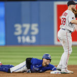 
              Boston Red Sox second baseman Christian Arroyo calls for a review as Toronto Blue Jays' George Springer, left, was called safe on a steal in the fifth inning of a baseball game in Toronto on Sunday, Oct. 2, 2022. The call was later overturned and Springer was called out. (Cole Burston/The Canadian Press via AP)
            