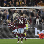 
              West Ham's Said Benrahma, 2nd left, scores his sides second goal during the English Premier League soccer match between West Ham United and Bournemouth at the London Stadium in London, England, Monday, Oct. 24, 2022. (AP Photo/Ian Walton)
            