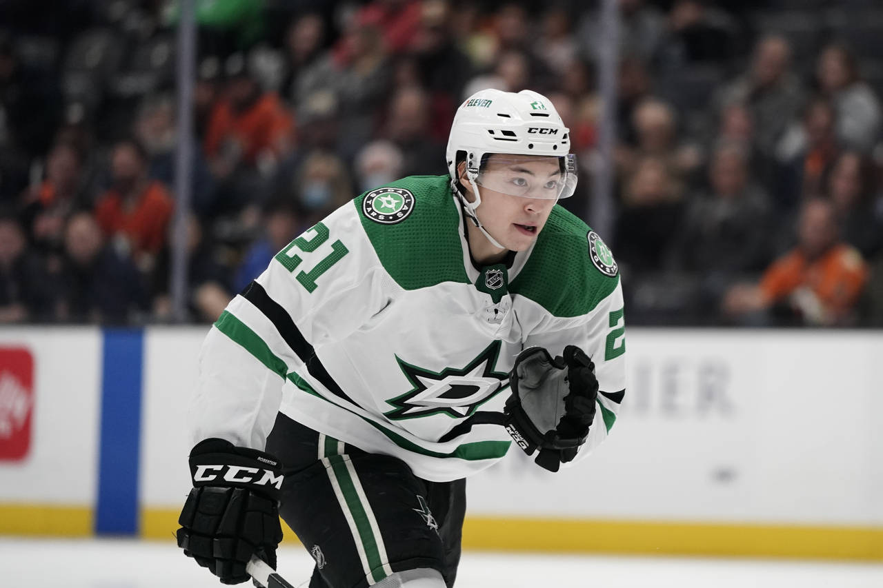 FILE - Dallas Stars' Jason Robertson skates during the third period of an NHL hockey game against t...