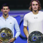 
              Serbia's Novak Djokovic, left, who finished first and Stefanos Tsitsipas of Greece, the runner up, pose with their trophies after the final match of the ATP 500 Astana Open tennis tournament in Astana, Kazakhstan, Sunday, Oct. 9, 2022. (AP Photo/Stas Filippov)
            