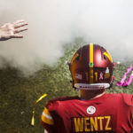 
              CORRECTS STATE TO MD NOT VA Washington Commanders quarterback Carson Wentz (11) takes the field before an NFL football game against the Tennessee Titans Sunday, Oct. 9, 2022 in Landover, Md. (Shaban Athuman/Richmond Times-Dispatch via AP)
            