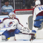 
              Colorado Avalanche goaltender Alexandar Georgiev gives up a goal to Vegas Golden Knights center Jonathan Marchessault, not seen, during the first period of an NHL hockey game Saturday, Oct. 22, 2022, in Las Vegas. (AP Photo/Chase Stevens)
            