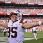 
              New England Patriots tight end Hunter Henry (85) celebrates in the end zone after scoring a touchdown after making a catch against the Cleveland Browns during the second half of an NFL football game, Sunday, Oct. 16, 2022, in Cleveland. (AP Photo/David Richard)
            
