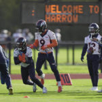 
              Denver Broncos KJ Hamler, (1) left, and Kendall Hinton (9) attend a practice session in Harrow, England, Wednesday, Oct. 26, 2022 ahead the NFL game against Jacksonville Jaguars at the Wembley stadium on Sunday. (AP Photo/Kin Cheung)
            