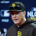 
              San Diego Padres manager Bob Melvin speaks during a news conference ahead of Game 3 of the baseball National League Championship Series against the Philadelphia Phillies, Thursday, Oct. 20, 2022, in Philadelphia. (AP Photo/Matt Rourke)
            